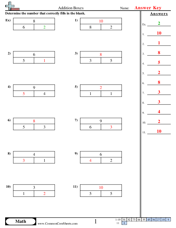  - Addition Boxes (to ten) worksheet